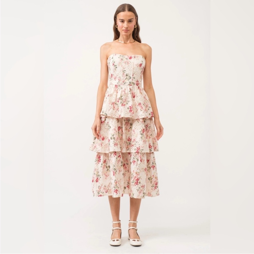 Sofia the label floral eyelet tiered strapless midi dress